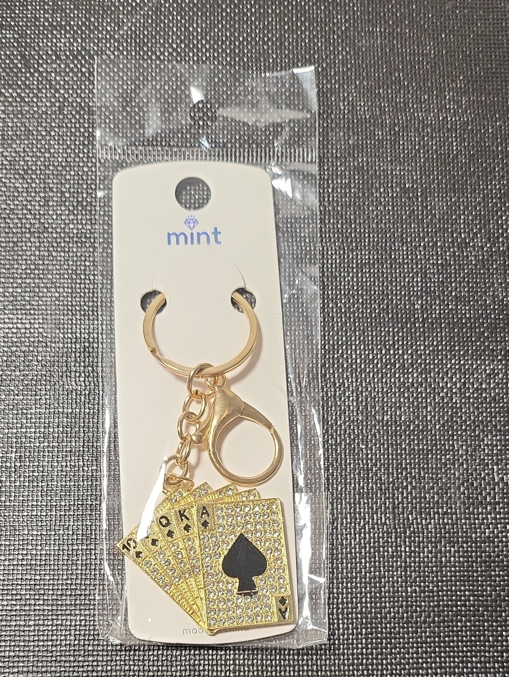 Mint Gold Rhinestone Spade Playing Card Keyring Bag Charm